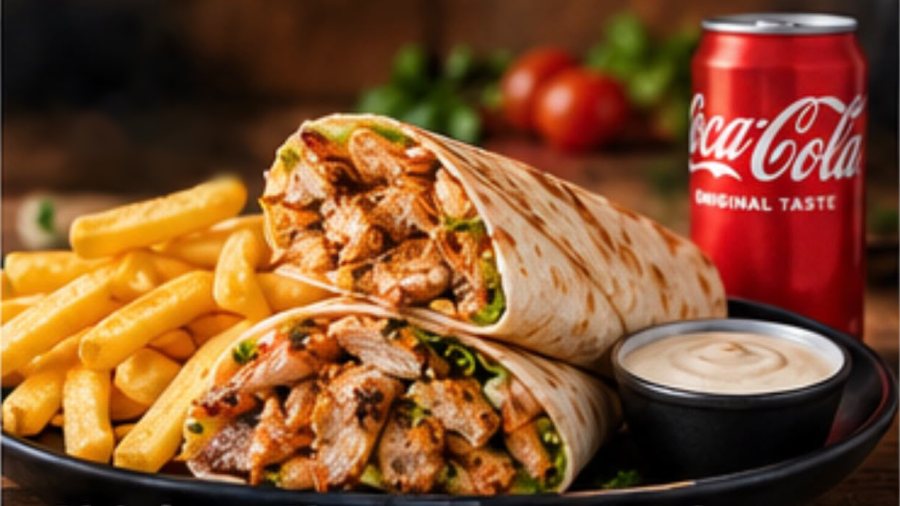 Chicken shawerma wrap with chips, dip and a can of drink