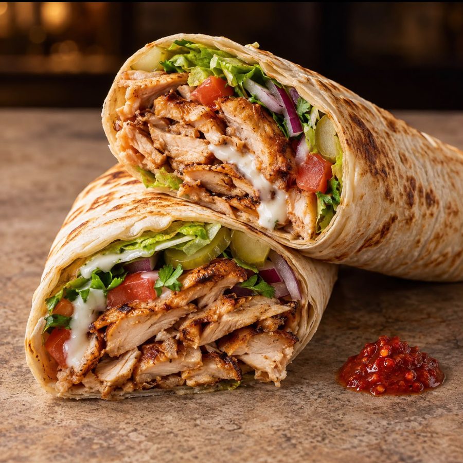 Two halves of a chicken shawerma wrap with chilli sauce