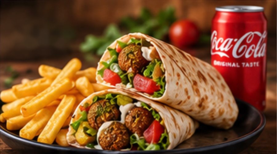 Falafel wrap with chips and a can of drink