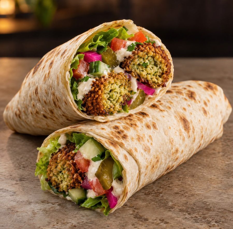 Falafel wrap cut in half, with salad, pickles and tahini