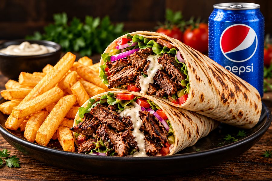 Lamb shawerma wrap with chips, garlic dip and a can of Pepsi