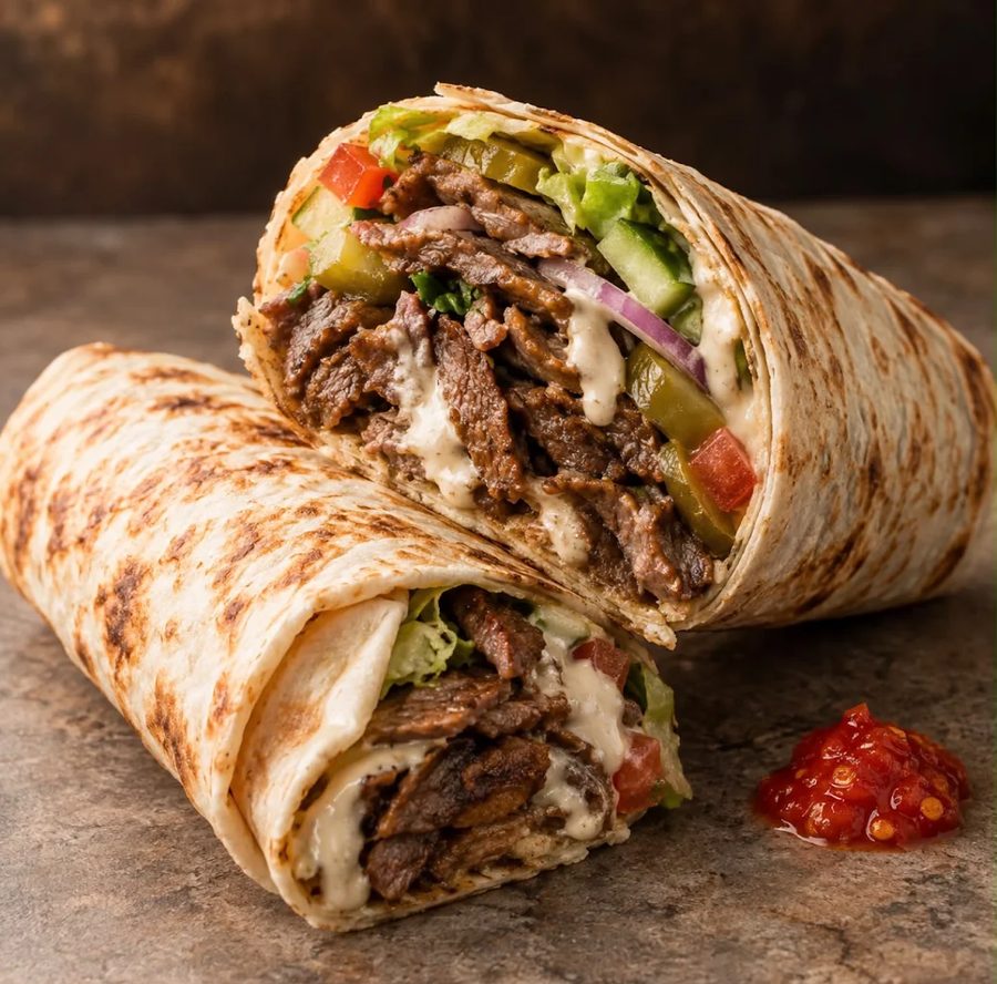 Two halves of a lamb shawerma wrap with chilli sauce