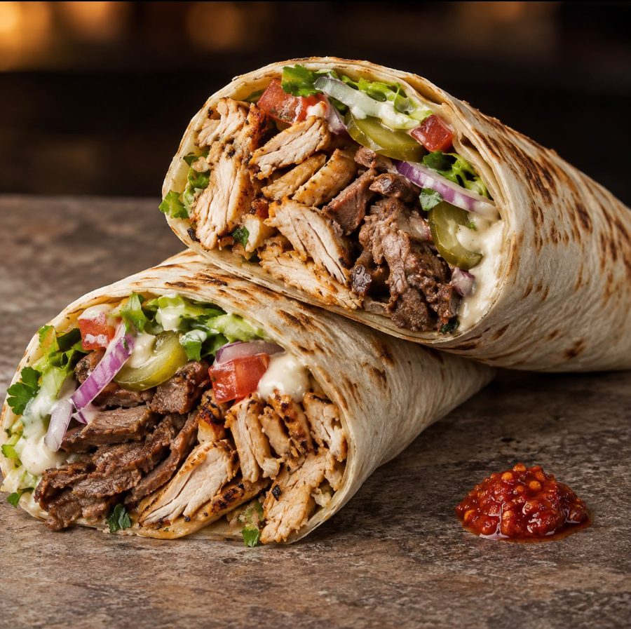 Two halves of a mixed chicken and lamb shawerma wrap